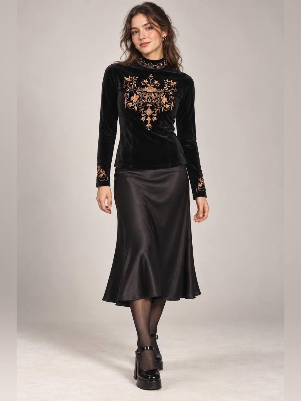 Vintage Black Velvet Embroidered Mock Neck Top Medium Romantic Goth Floral